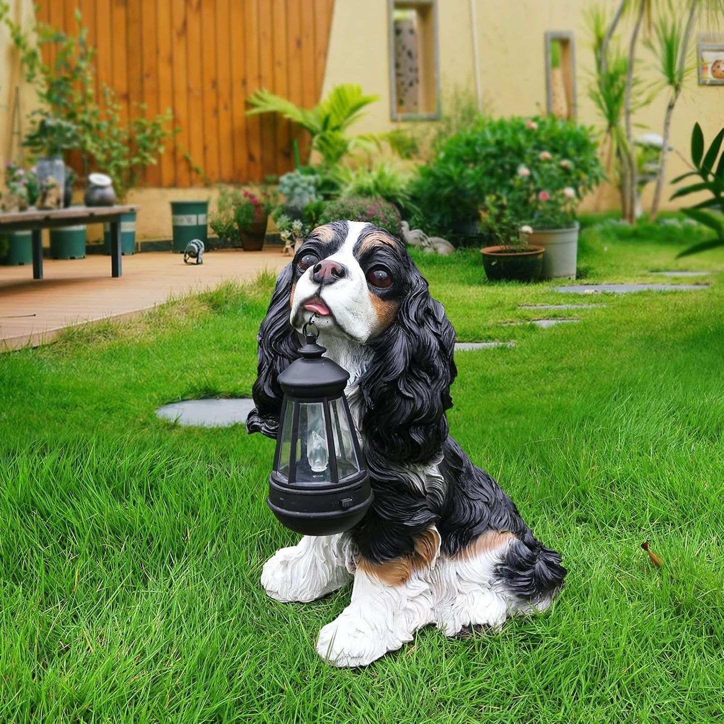 Cavalier King Charles Spaniel Statue Outdoor Decorations – Outdoor Dog Statue Black and White Cavalier King Charles Spaniel with Replaceable Solar Light & Welcome Sign for Lawn Décor