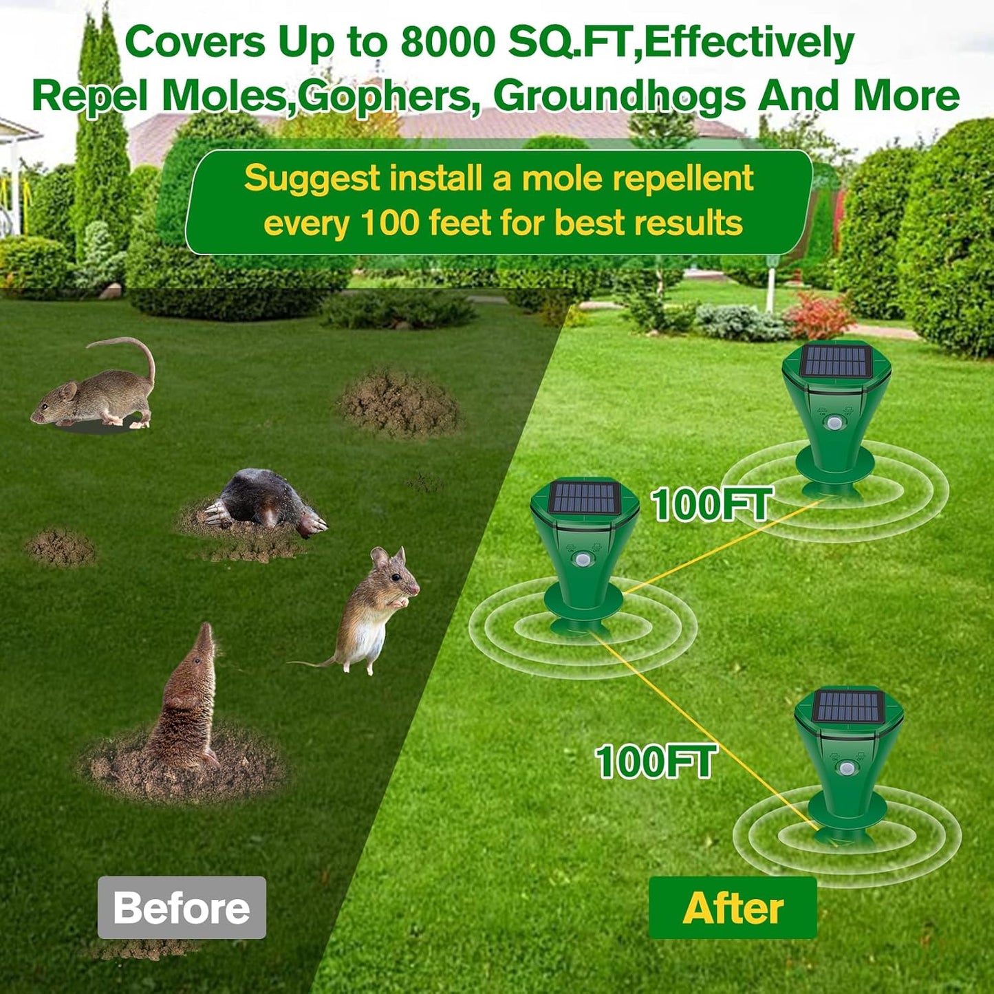 Mole Repellent Solar Powered Ultrasonic, Gopher Repellent Outdoor for Lawn Garden Yard,Waterproof Mole Killer Traps,Sonic Spikes Get Rid of All Pests Gopher Vole Groundhog Chipmunk Snake, 2 Pack-Green