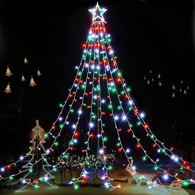 BlcTec Outdoor Christmas Lights 344 LED Christmas Star Lights with 9 Strands 11.9ft Waterfall Tree Lights, 8 Modes, Waterproof & Timer for Garden Yard Patio Outdoor Xmas Decorations,Red Green White