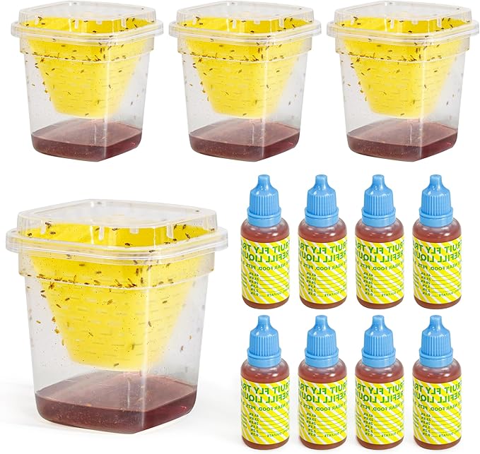 4 Fruit Fly Trap for Indoors, 90 Days of Lure Supply Fruit Fly Killer for Kitchen & Home, Non-Toxic Reusable Fruit Fly Catcher with 12 Refill Liquid