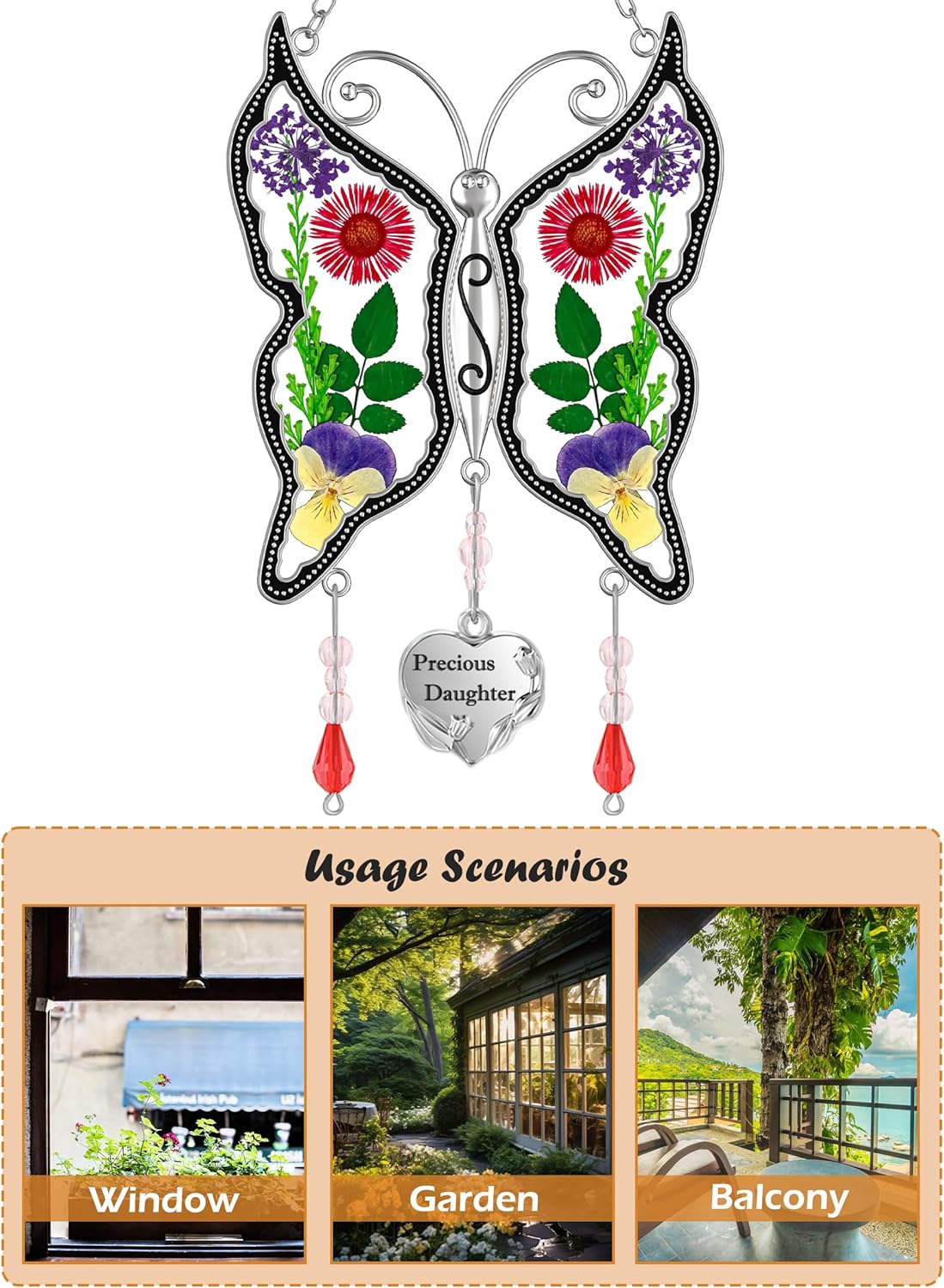KY&BOSAM Butterfly Suncatcher Precious Daughter Stained Glass Sun Catchers Hangings for Windows Wind Chime Ornament with Real Flower Wings and Metal Charm Birthday Gifts for Mother`s Day Valentine's