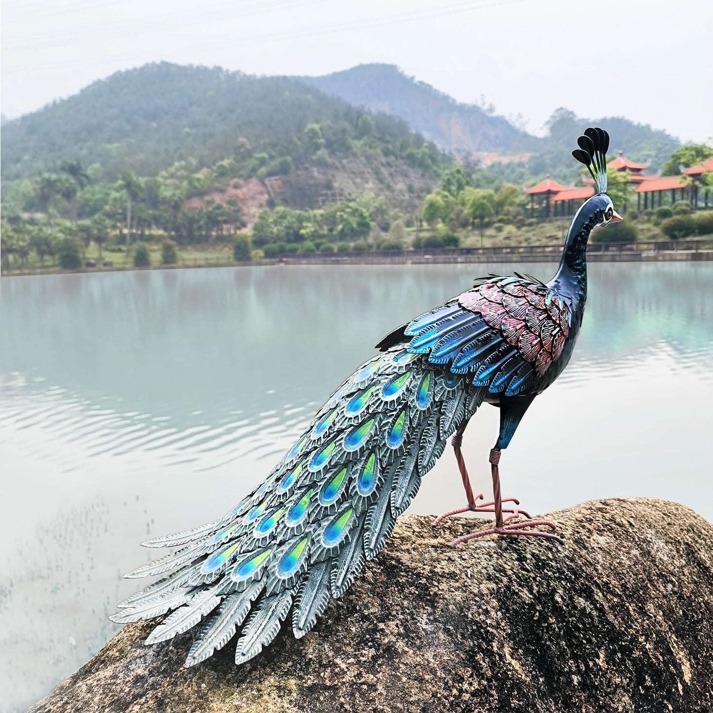 Kircust Metal Peacock Statue for Outdoor Decor - 24" L Elegant Peacock Sculpture for Garden, Patio, Yard, or Home - Weatherproof & Handcrafted Peacock Art