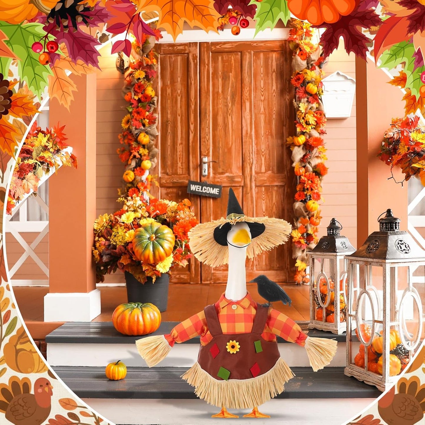 3 Pcs Thanksgiving Scarecrow Porch Goose Outfits for 23 Inch Lawn Statue Goose Design with Hat Thanksgiving Day Fall Garden Patio Yard Outdoor Party Decorations(Female Scarecrow)
