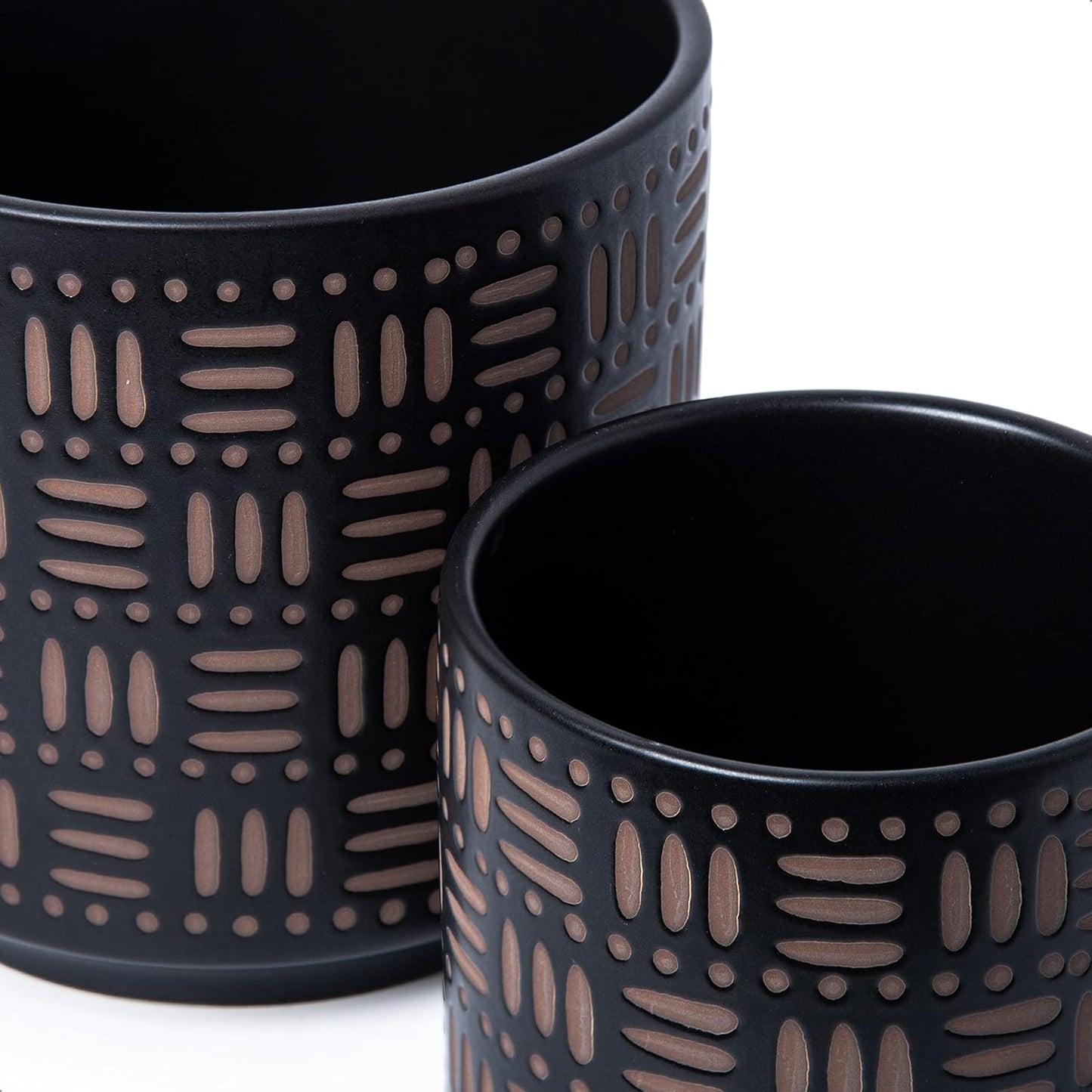 D'vine Dev Set of 2 Ceramic Planter Pots with Drainage Hole and Saucer, 6 Inch Plant Pots for Plants Indoor Houseplants, Black, 99-Z-F-2-Y