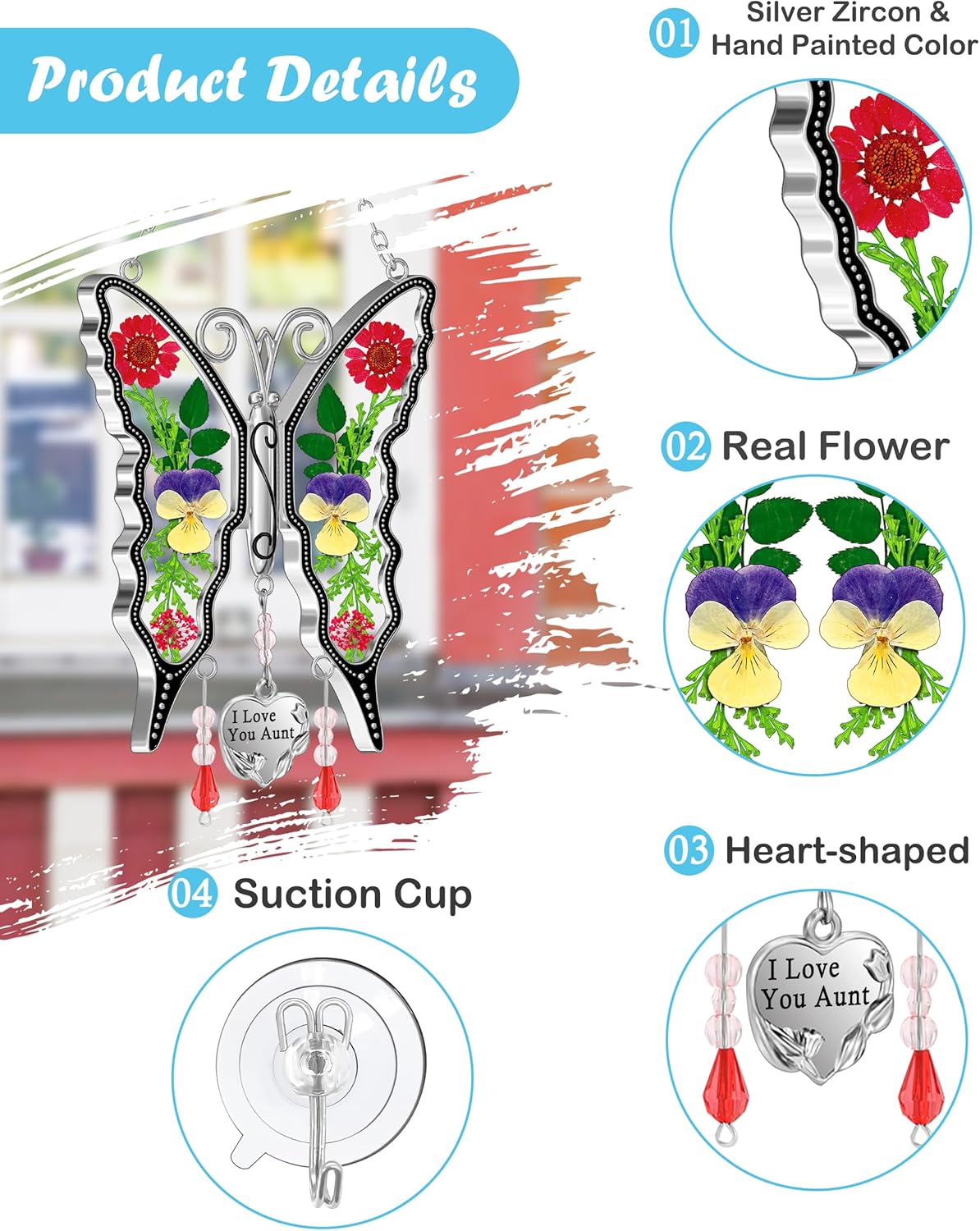 KY&BOSAM Butterfly Suncatcher I Love You Aunt Stained Glass Hanign for Window Catchers with Pressed Real Flower and Heart Charm Home Garden Decor Birthday Gifts for Aunt Mothers Day Christams Ornament