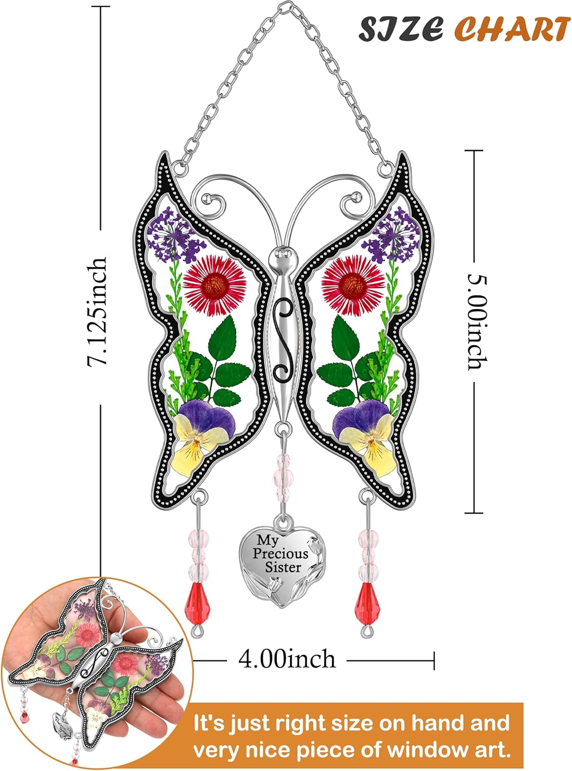 KY&BOSAM Butterfly Suncatcher Stained Glass Window Hanging Wind Chime with Real Flower Wings and Heart Charm Gift for Sister Mother's Day Birthday Christmas 1Pc Gifts Boxes Packing(My Precious Sister)