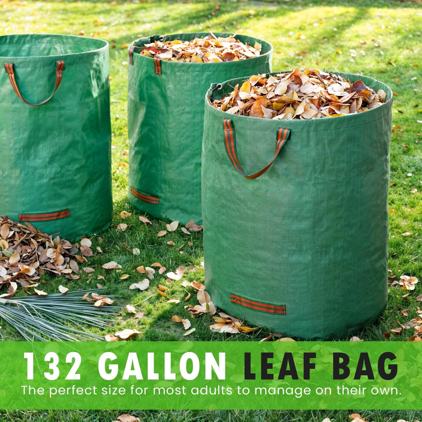 Gardenpal 3 Pack 132 Gallon Reusable Yard Waste Bag, Heavy Duty, Upright Lawn Bags with 4 Reinforced Handles (132 Gallon/3 Pack)