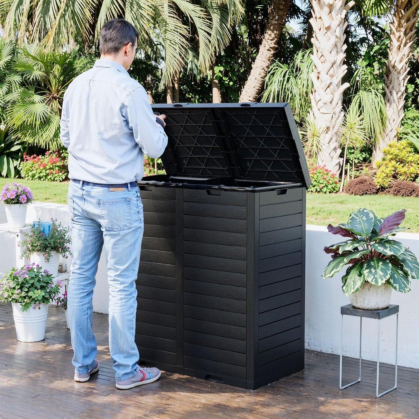 Outdoor Trash Can with Lid, Outdoor Trash Bin & Pull-Out Liquid Drawer, Dual Lid Closure Design, Waterproof Resin Garbage Can Container for Patio, Backyard, Deck (Black, 61 Gallon)