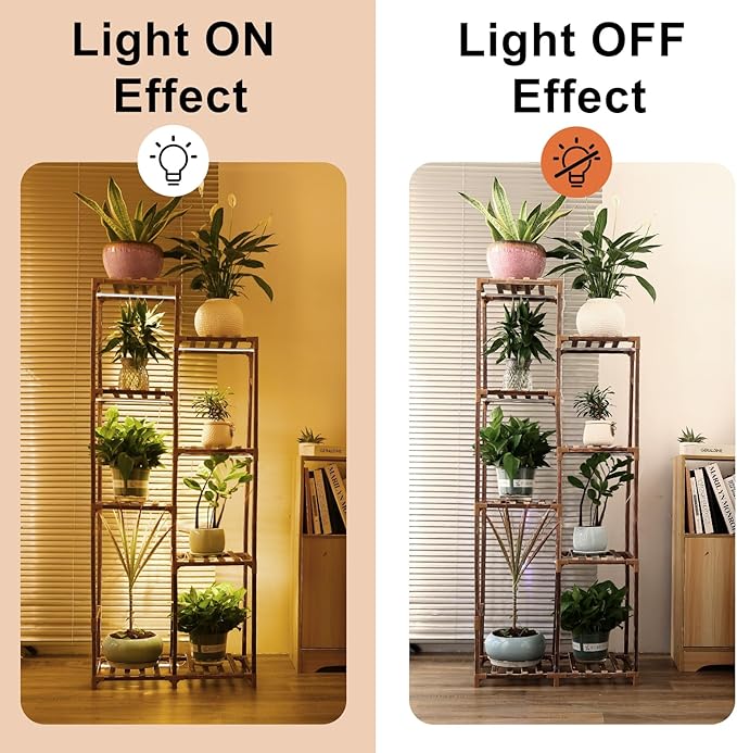 Plant Stand with Grow Light, Tall Plant Stands Indoor with Full Spectrum Led Grow Light, Timer Function and Brightness Adjustment, 8 Tiered Wood Plant Shelf for Corner | Patio | Living Room