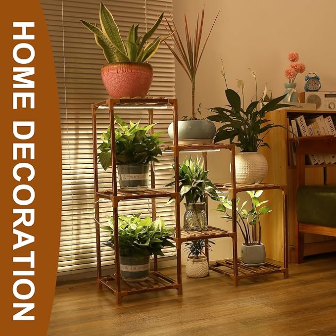 Plant Stand with Grow Light, Plant Shelf Indoor with Full Spectrum Led Grow Light, Timer Function and Brightness Adjustment, 7 Tiered Wood Plant Stand Indoor for Corner | Patio | Living Room