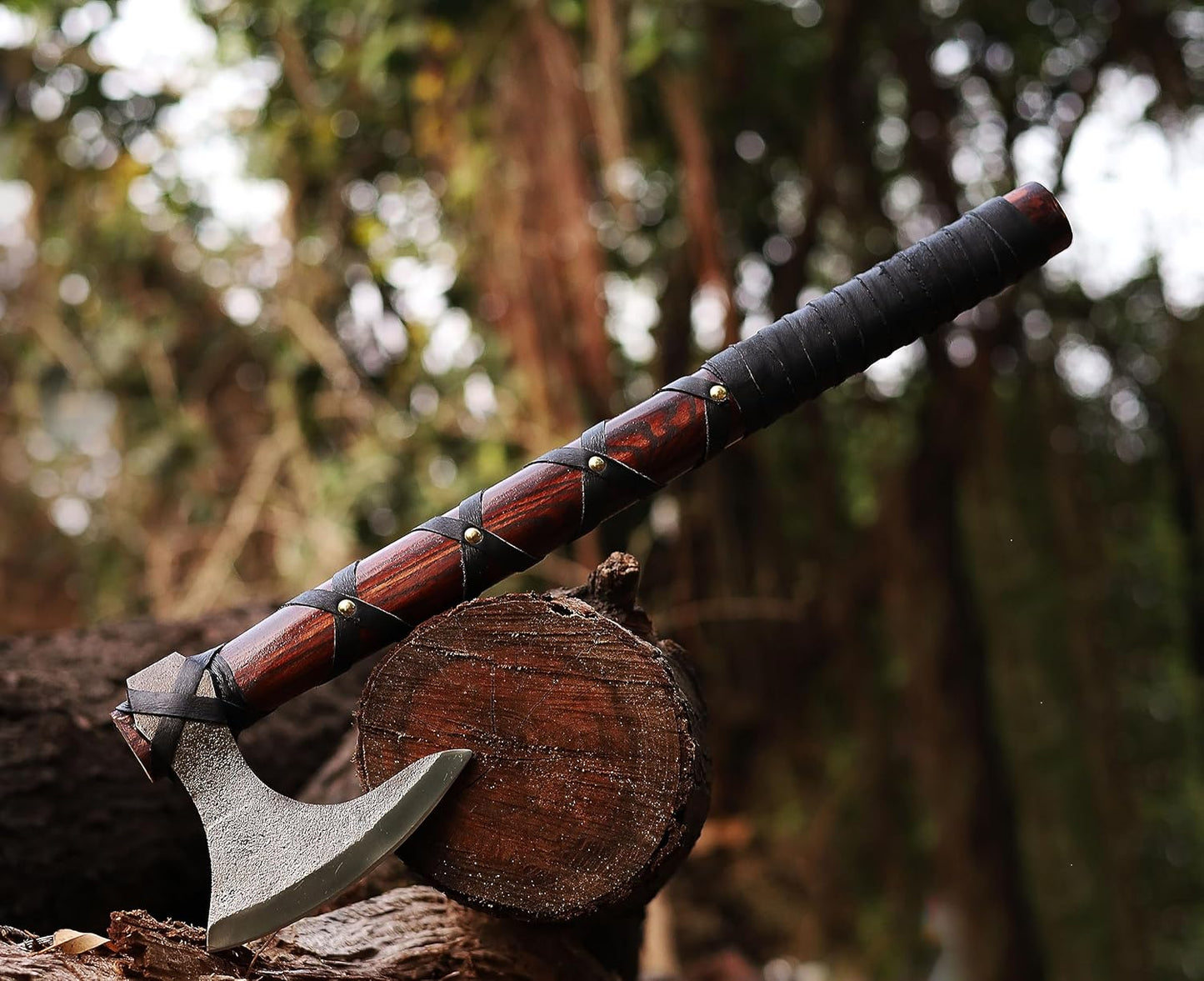 WAZIR Crafts Viking Axe | 17″ Hand-Forged Carbon Steel Tomahawk with Rosewood Handle & Leather Sheath, Bearded Axe for Camping, Bushcraft, Throwing, Gifts for Men (WCA‑015)