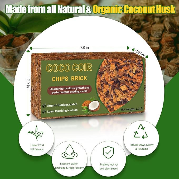 Coco Chips Substrate 4.4 LBS, Organic Coconut Husk Brick with Low EC and pH Balanced, Easy to Expand Coco Coir Mulch Medium for Garden Flowers & Reptile Bedding (4 Pcs)