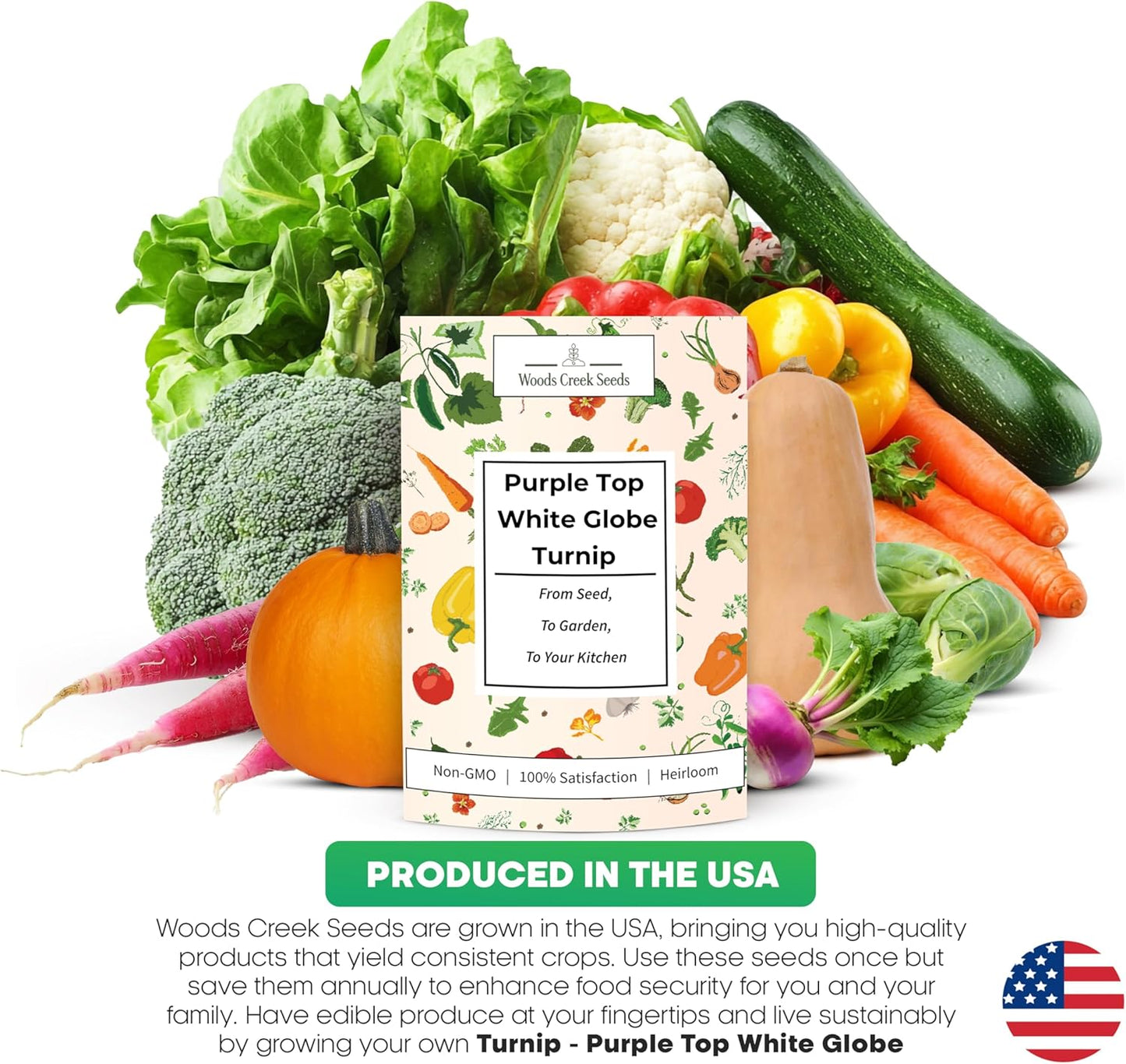 Woods Creek Seeds: Purple Top White Globe Turnip Seeds for Planting - Heirloom Root Vegetable Variety - Fast Growing Turnips with Edible Greens - Non-GMO Garden Seeds for Fall or Spring