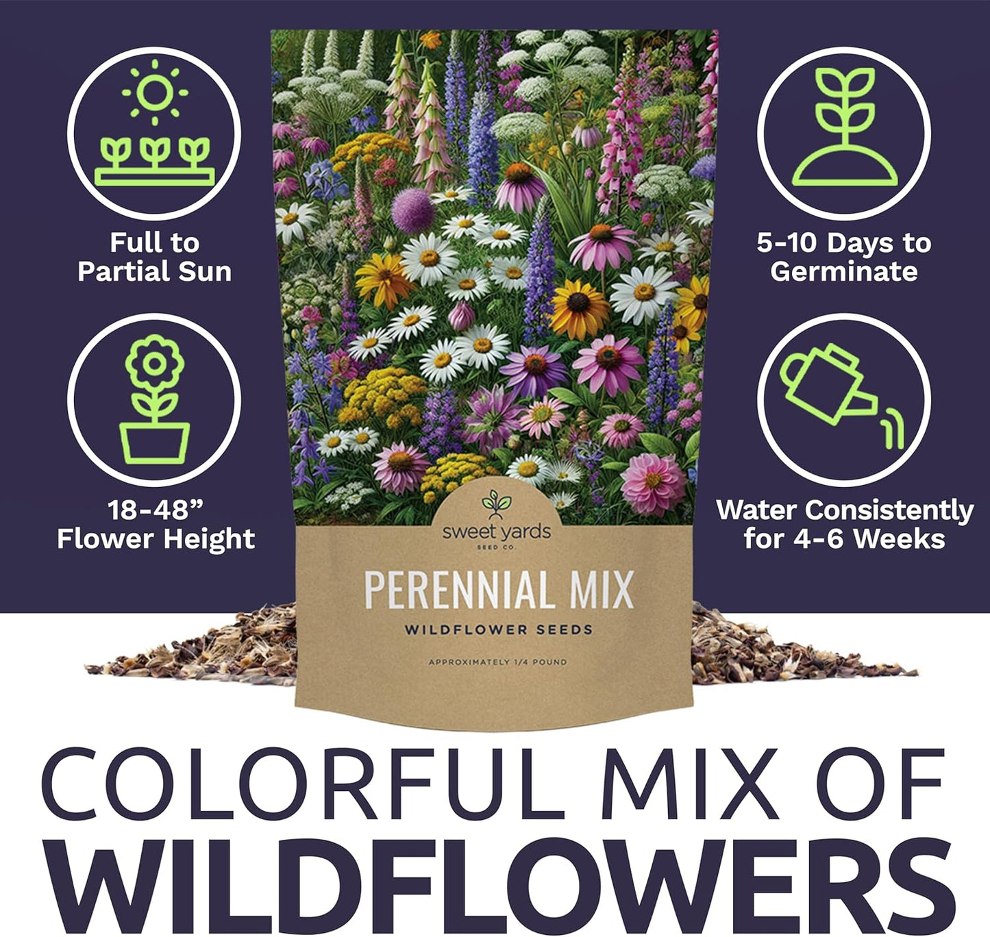 Perennial Wildflower Seeds Mixture - Bulk 1/4 Pound Bag - Over 60,000 Pure Live Seed - Open Pollinated and Non GMO