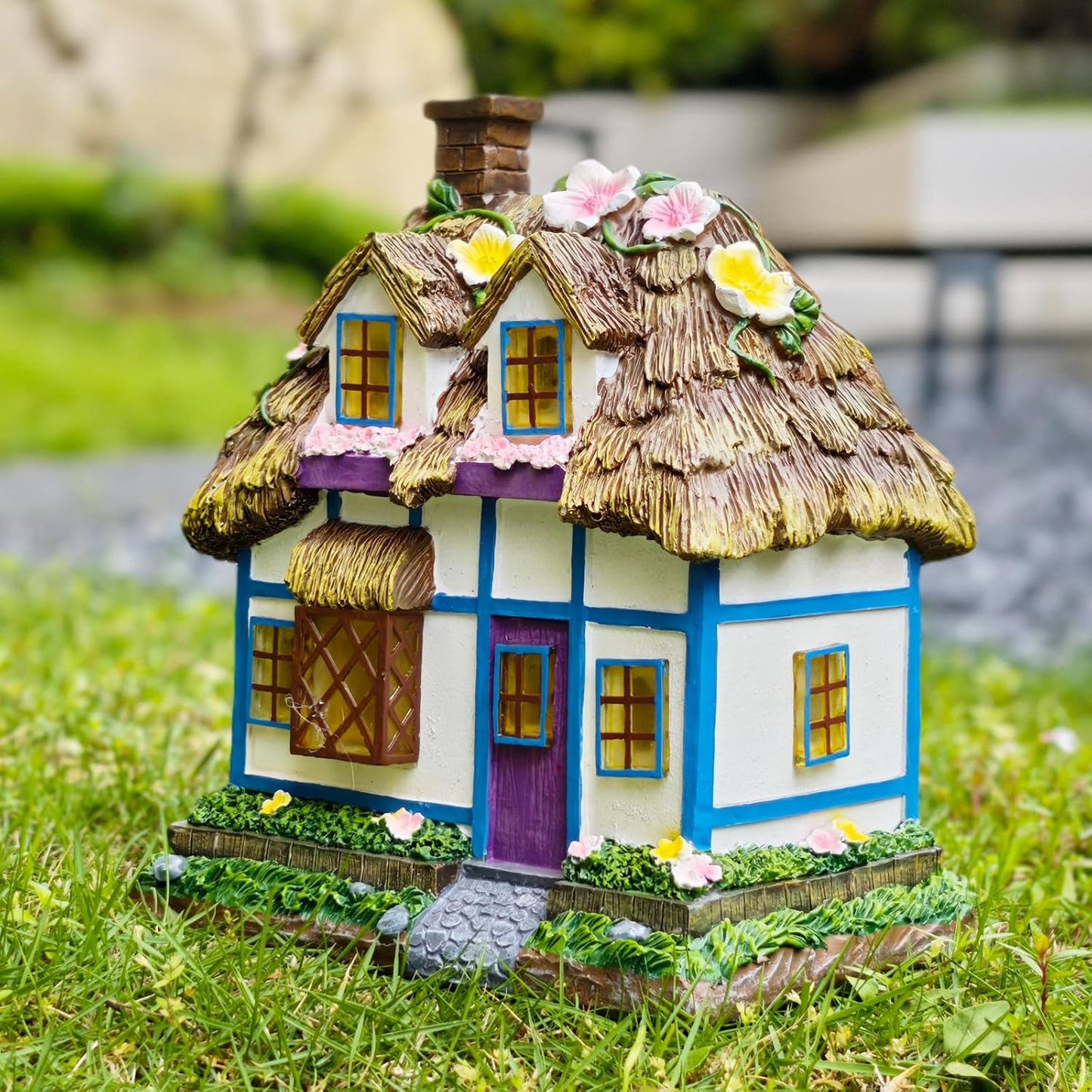 Prospect Thatched Cottage, Solar Statue Lights Mushroom Fairy House, Garden House Statues, Outdoor Memorial Ornaments Waterproof Decoration for Outside Patio Yard Lawn Decor