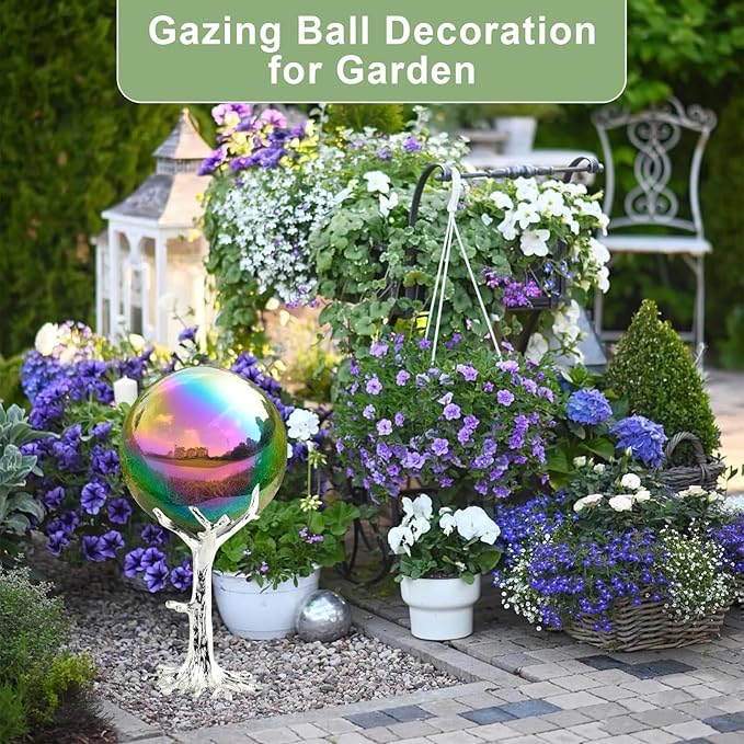 Nerien 10 Inch Gazing Ball, Stainless Steel Garden Mirror Globe, Polished Ornament Sphere, Hollow Floating Reflective Hemisphere, Home Outdoor Pond Housewarming Swimming Pool Decoration Gift, Rainbow