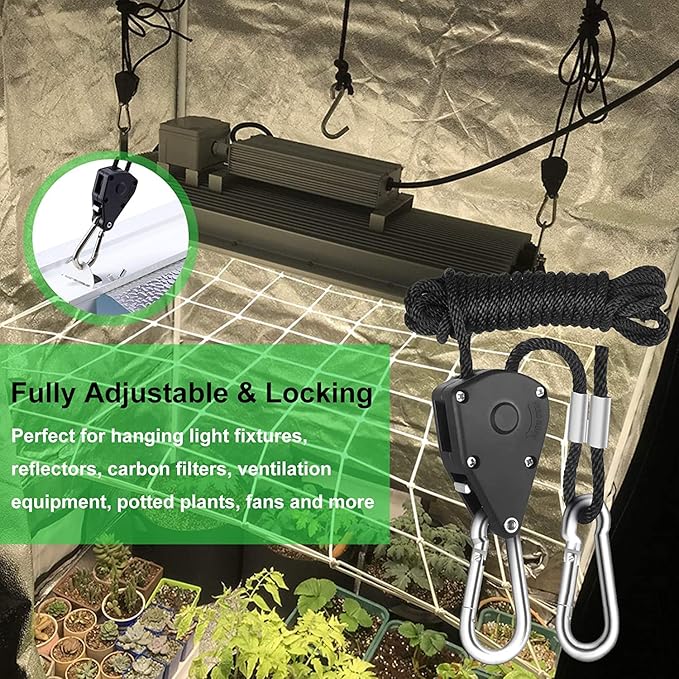 Rope Clip Hanger, 6 Packs 1/8 in Reinforced Adjustable Height Anti-Loose Design Gears Clip for Growing Light Fixtures, Hanging Plants, 8 FT Length 150lbs Weight Capacity