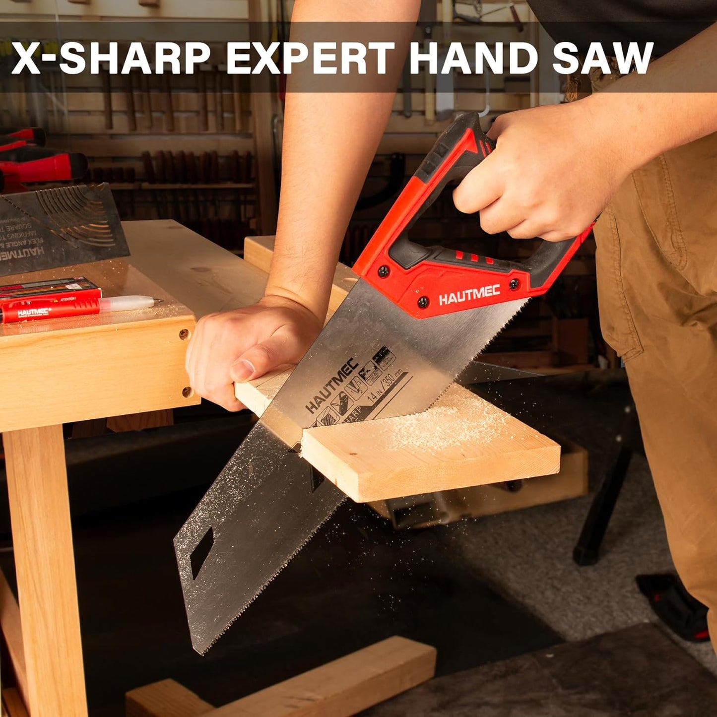 HAUTMEC 14" X-Sharp Compact Hand Saw for Cuts Comfort, Quality and Accuracy, Fine-Cut Handsaw with 12 TPI Triple-Ground Teeth and 1mm Thickened Large Blade, Bi-Material Ergonomic Handle – HT0295