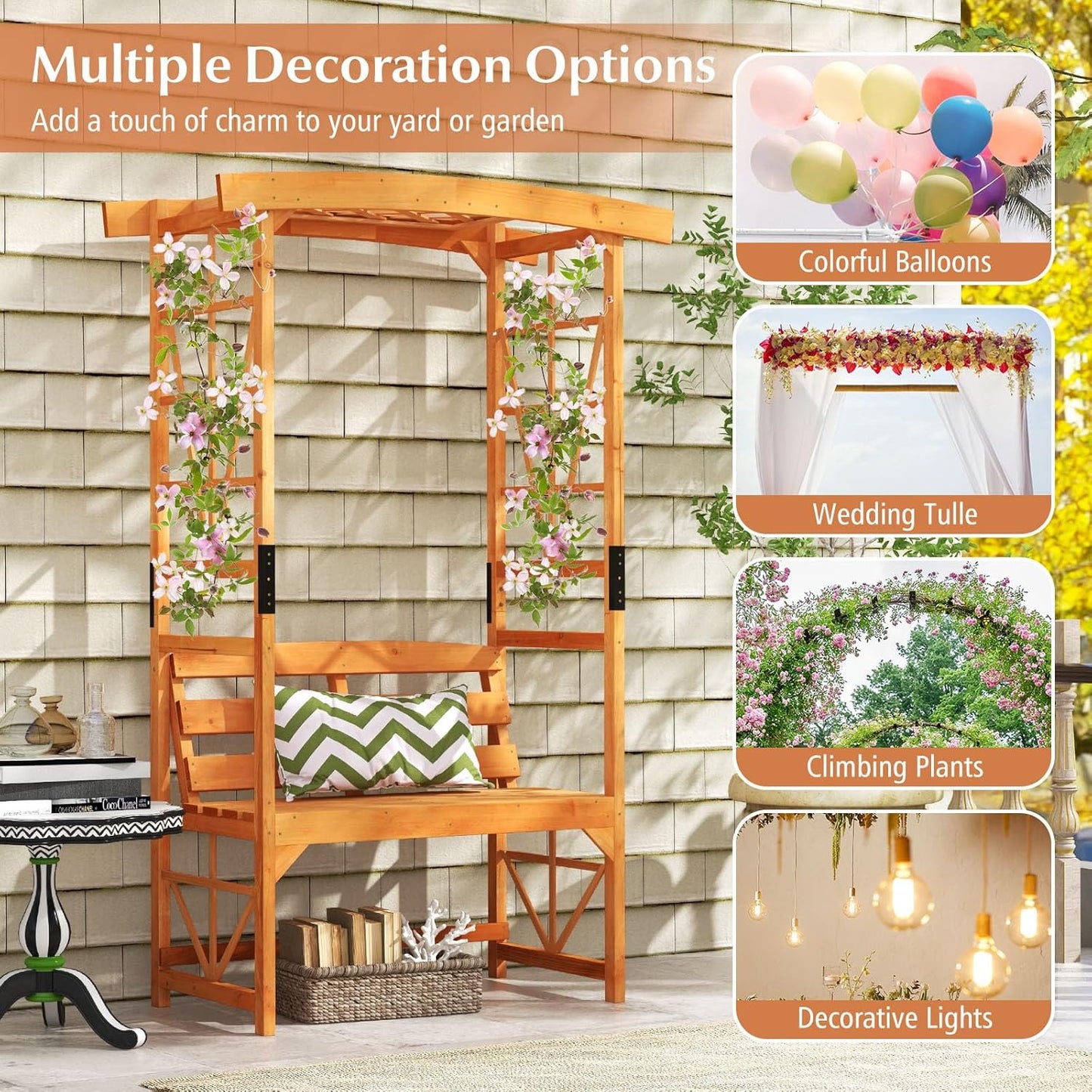 Giantex Garden Arbor with Bench - Wooden Garden Arch Trellis for Climbing Plants Vines, 2-Person Outdoor Bench, 48''W x 75''H Patio Archway for Lawn Wedding Party Ceremony Backyard Decor
