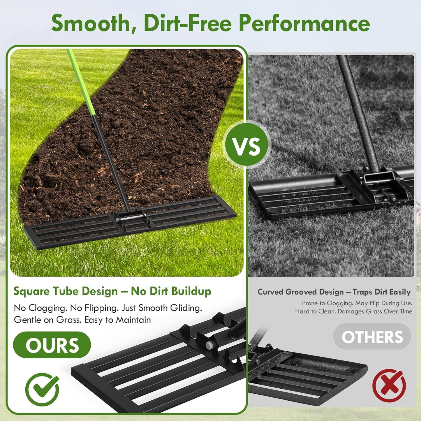 Seeutek Lawn Leveling Rake, 45” x 10” Lawn Leveler with 6.5FT Durable Handle Rakes for Lawns, 0-180° Adjustable Ground Leveler Tool for Yard, Level Soil Sand Dirt Surfaces