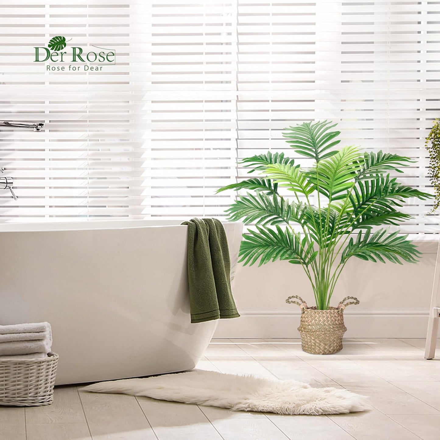 Der Rose 2Pcs Fake Palm Tree 28Inch Large Fake Potted Faux Areca Palm Plant with Hand-Woven Baskets with Handles for Indoor Outdoor Home Office Porch Balcony Bedroom Decor