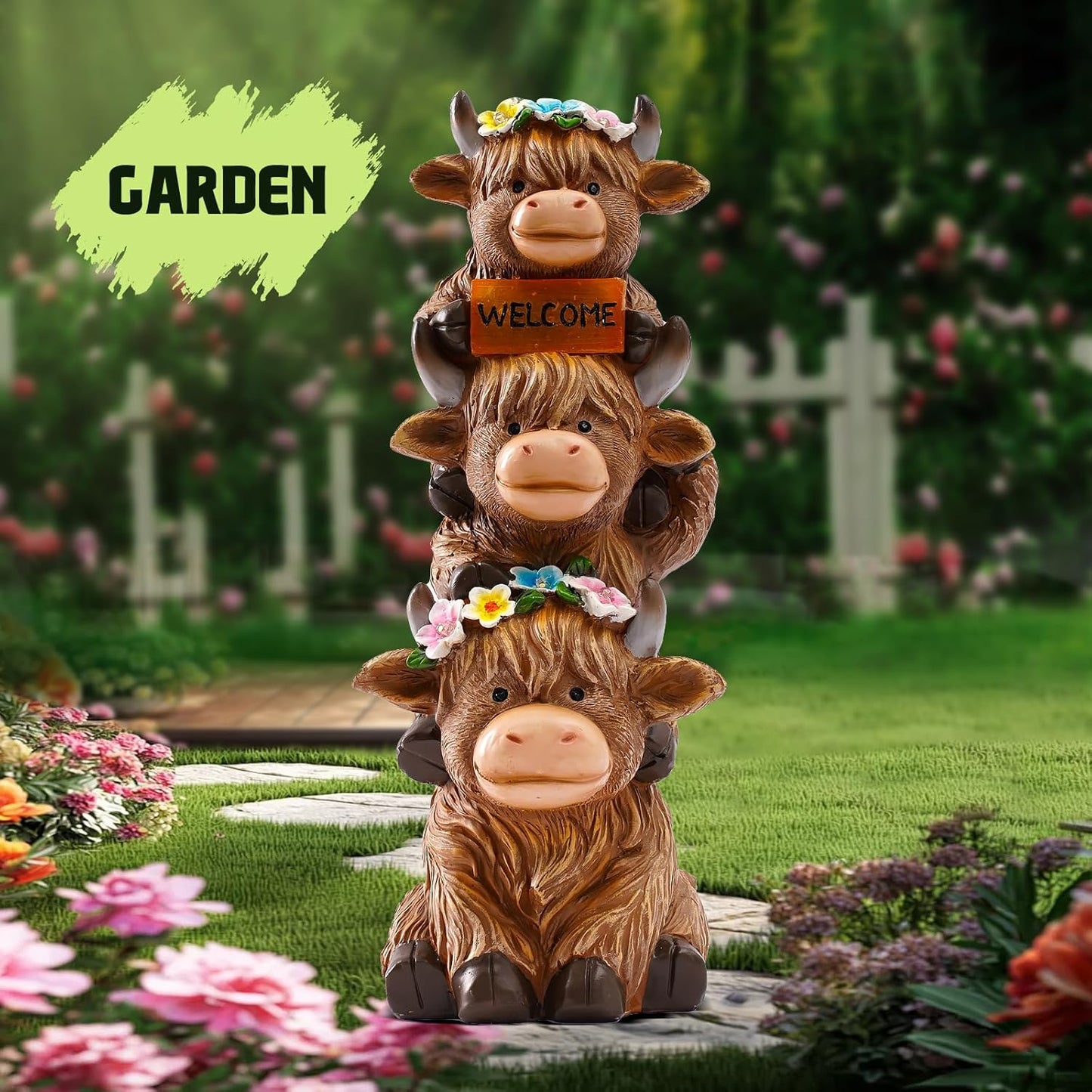 Christmas Highland Cow Statue Solar Outdoor Decor with Flower Decoration Funny Triple Highland Cow Decor Birthday Thanksgiving Gifts for Women Mom Highland Cows Figurine for Yard Garden Lawn Ornaments