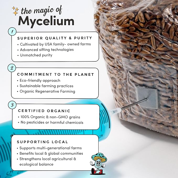 Mycelium's Superior Dung-Loving Mushroom Substrate Rye Berries Grain 5 LB All-in-One Bag – Organic Coco Coir, Vermiculite & Gypsum Formula, Pre-Sterilized & Ready for Easy Home Cultivation