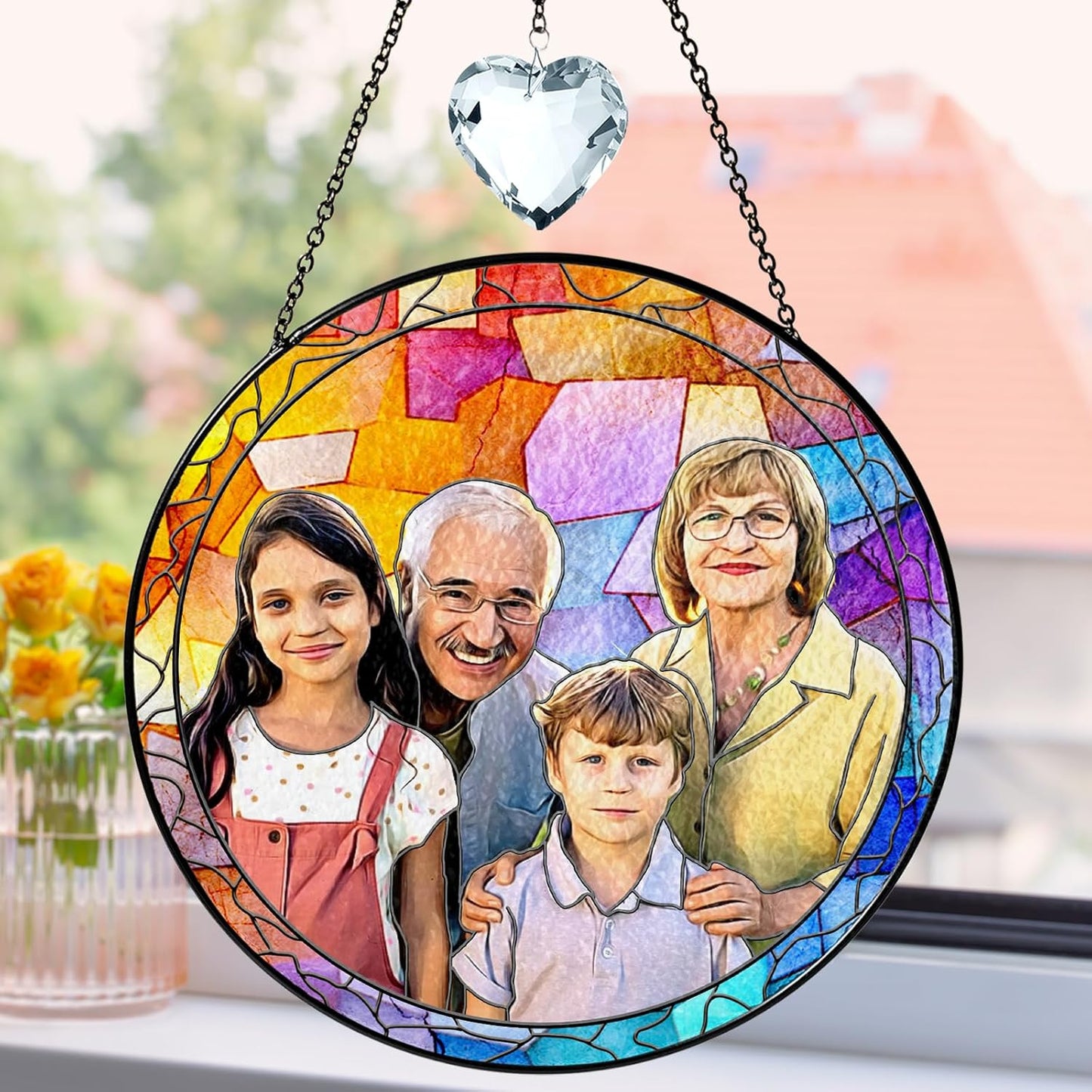 Personalized Grandpa Stained Glass Suncatcher, Photo Family Faux Stained Glass Window Hanging Ornament, Custom Photo Gift for Dad from Son Daughter, Birthday Gift for Grandpa, Uncle