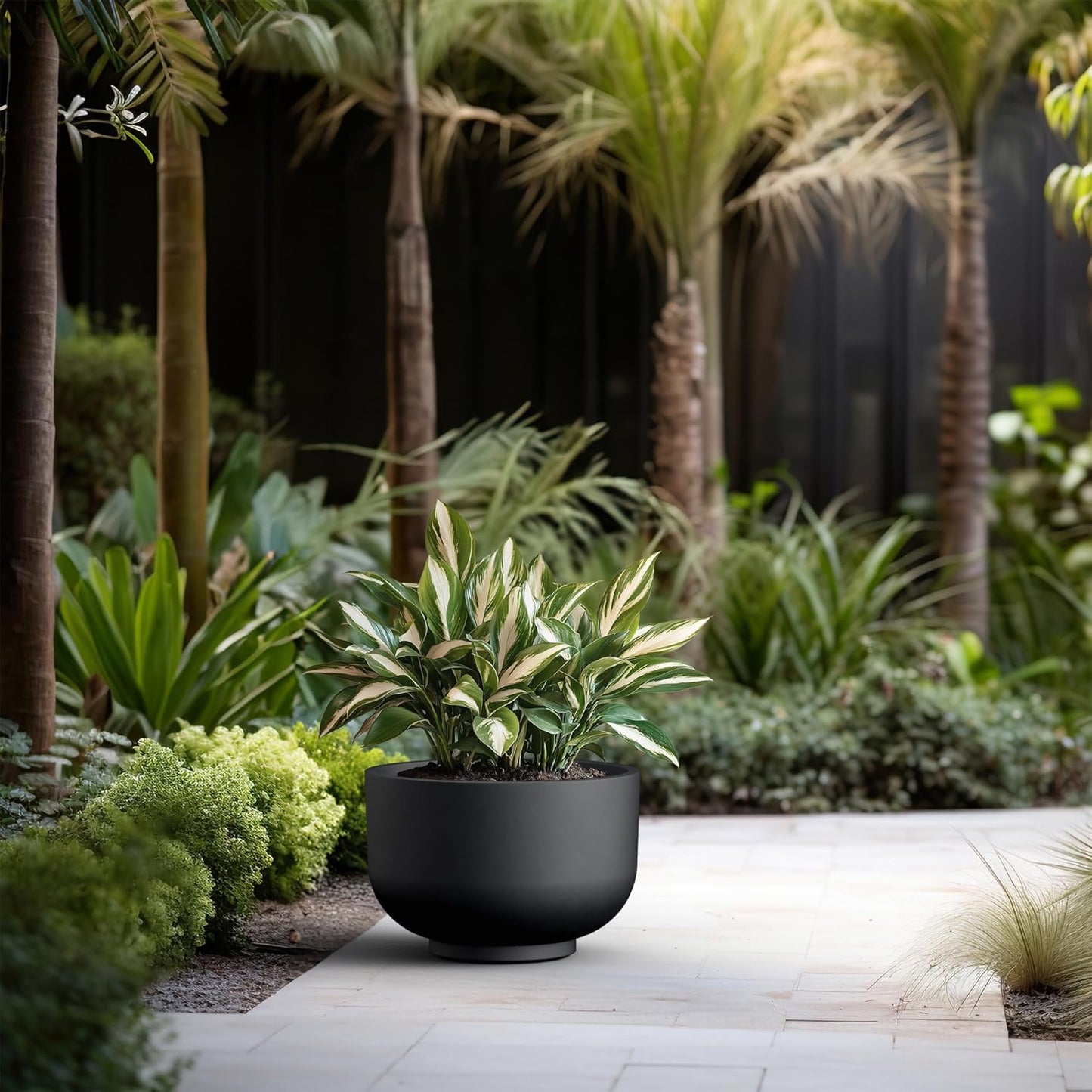 Kante 17.7 Inch Dia Concrete Bowl Planter, Large Tapered Bottom Plant Pot with Drainage, Smooth Black Finish with Warm Brown Interior, Ideal for Porch, Home, Garden, Patio