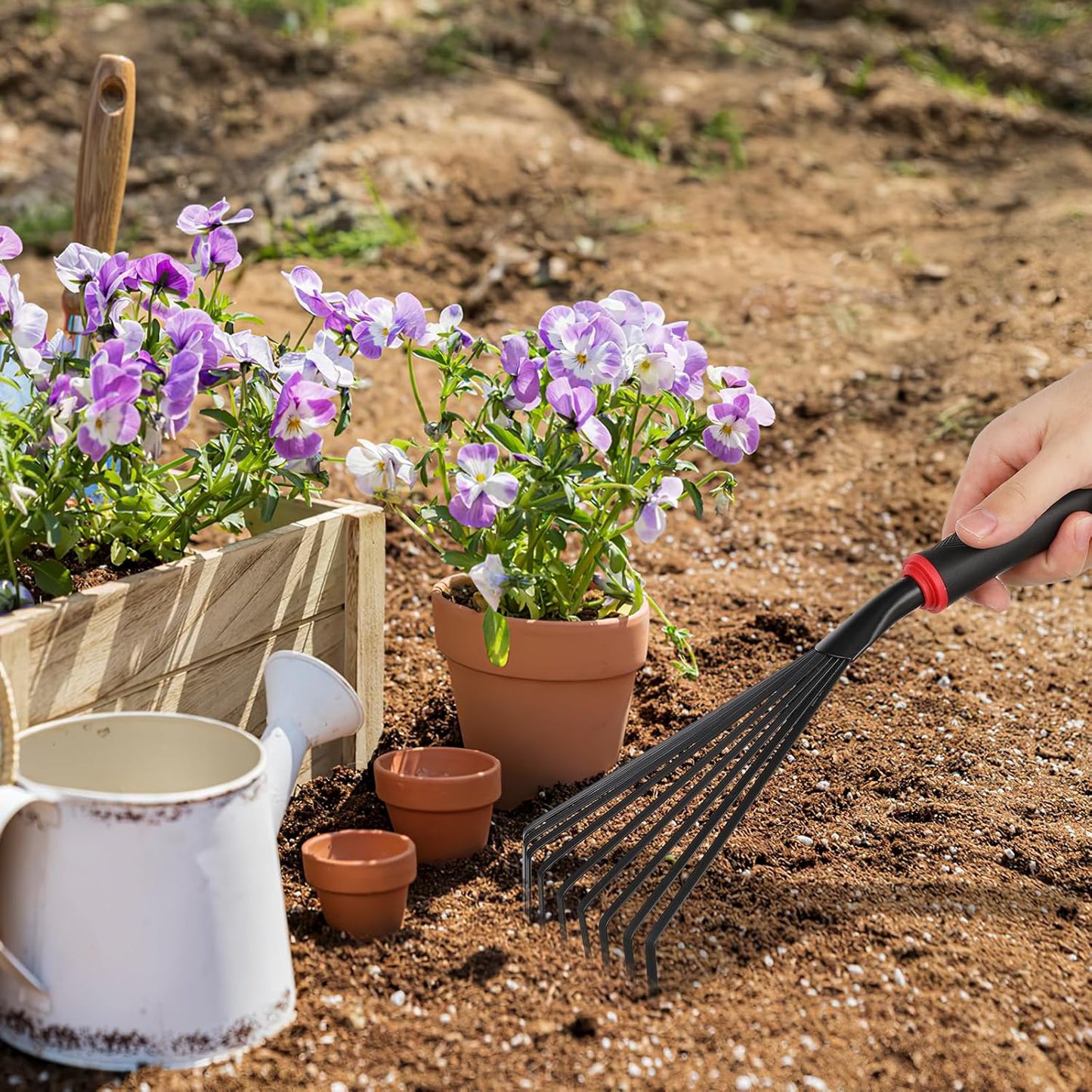 VANZACK 2pcs Gardening Hand Rakes Metal Ash Rakes Hand Tiller Mini Garden Cultivator Tools Portable Rake with Handle and 9 Tines for Yard Lawn Shrub Flower Beds