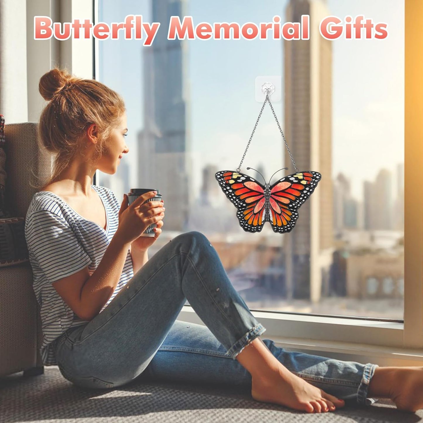 Butterfly Suncatcher Stained Glass Window Hanging Butterfly Ornaments Gift for Mom, Women, Wife, Mother's Day (Orange)