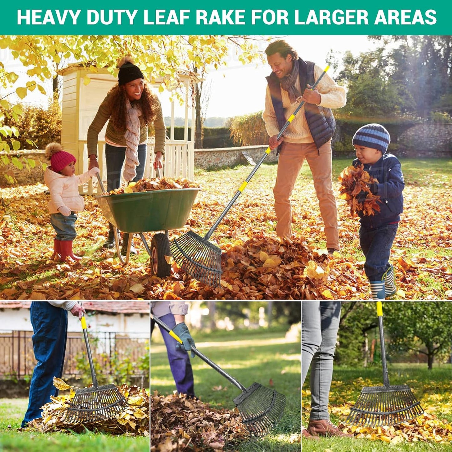 Adjustable Garden Rake for Leaves 36-73" Long Handle, 18" Wide, Heavy Duty with 25 Metal Tines ,Includes 32Gallon Leaf Bags,Designed for Lawns, Grass, Shrubs ,Flower Beds