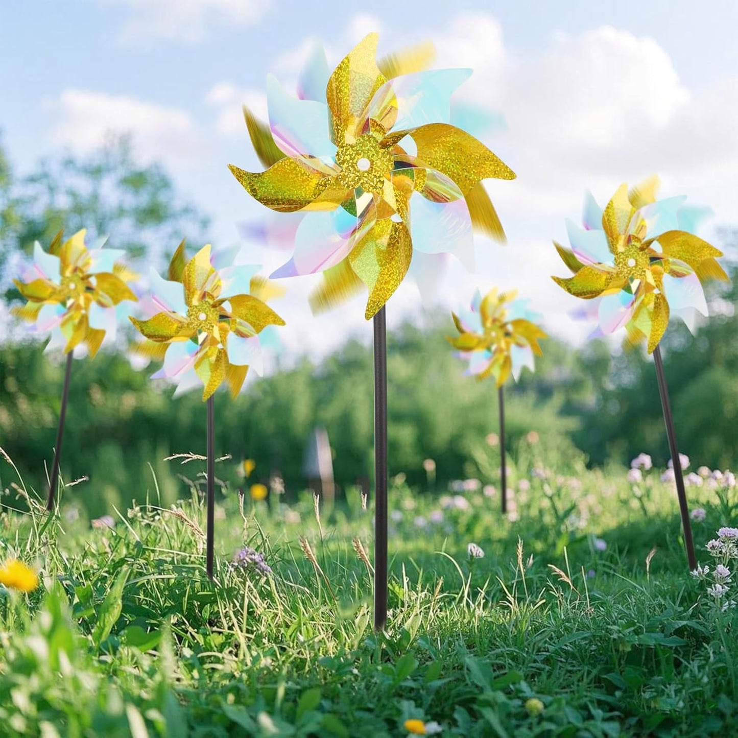 winemana 12 Pcs Reflective Pinwheels Outdoor, Wind Spinners for Yard & Garden, Sparkly Bird Repellent Windmill Scare Birds Away, Deterrent Devices for Outside Patio Lawn Spring Decor (Yellow)
