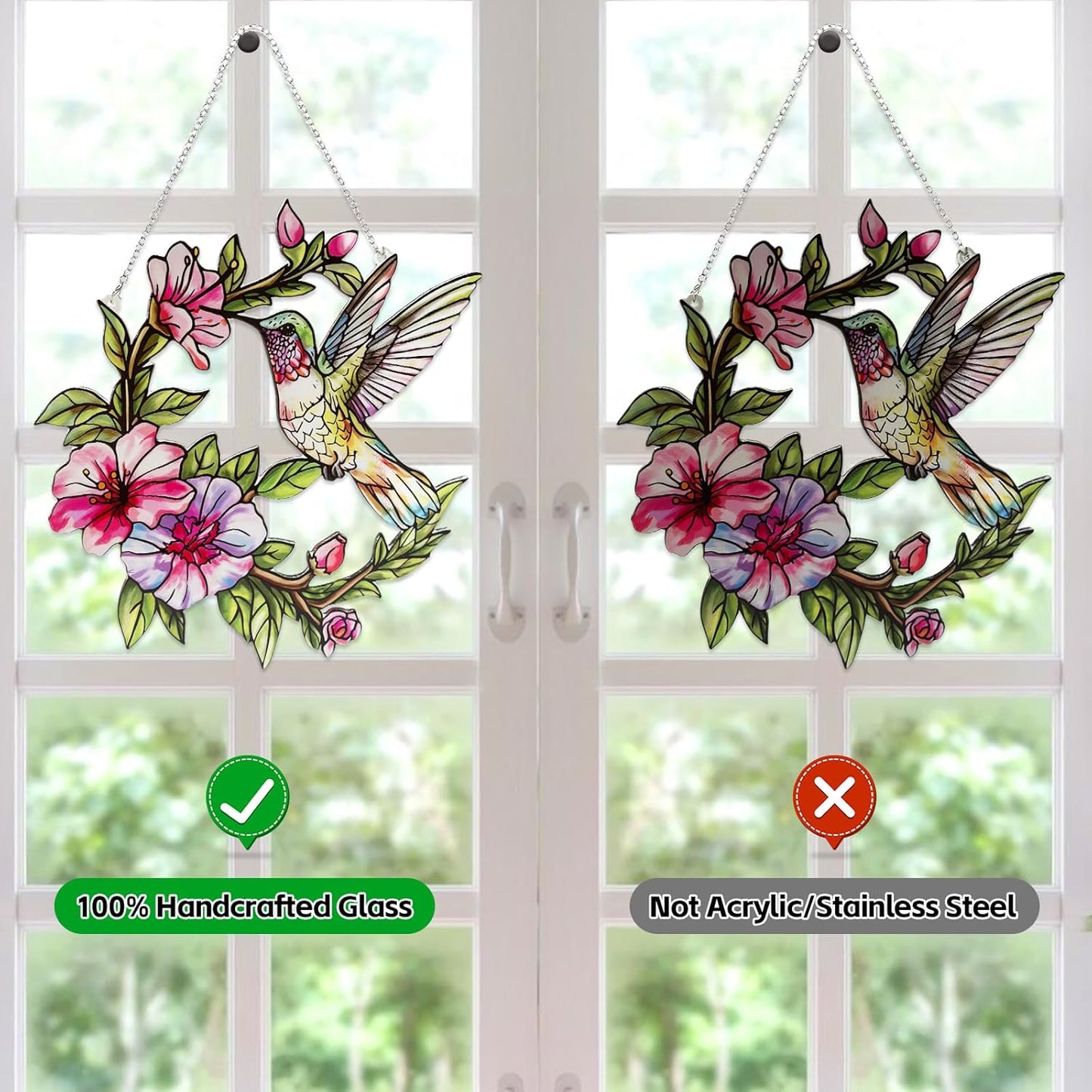 Stained Glass Window Hanging Hummingbird and Flower Suncatcher, Marzovitra 10 Inch Colorful Window Art Bird Sun Catcher for Home Decor, Garden, Patio, Gift for Nature and Bird Lovers