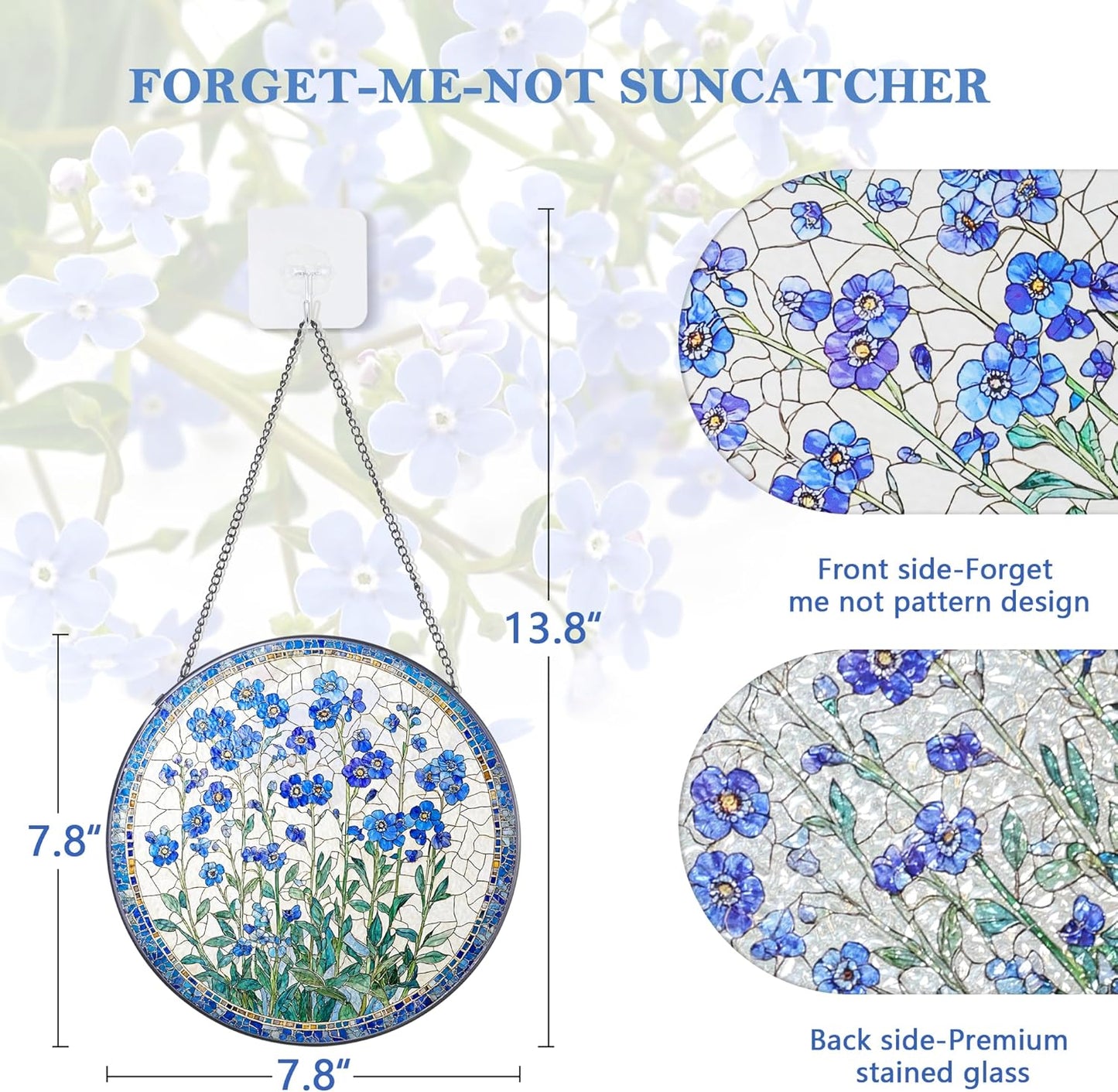 Forget-Me-Not Flower Stained Glass Suncatcher, 7.8 Inch Handmade Blue Floral Window Hanging Decor - Garden, Home Gift for Women, Mom, Grandma