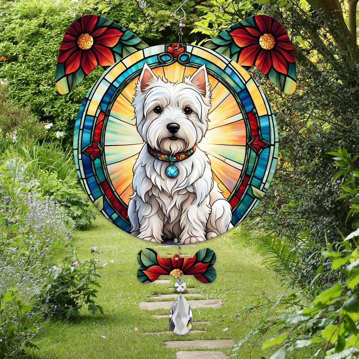 West Highland White Terrier Dog Ears Wind Spinner, West Highland White Terrier Wind Spinner Hanging for Yard and Garden V02