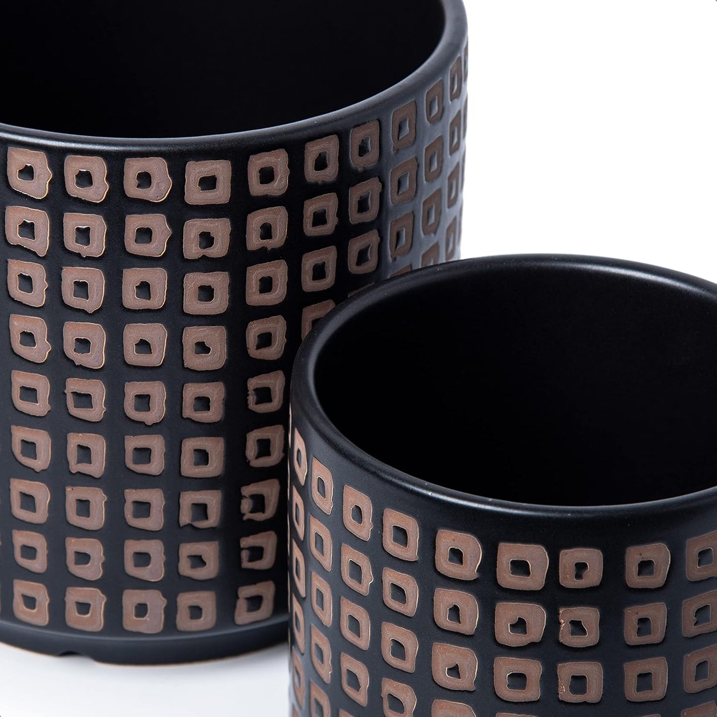 D'vine Dev Set of 2 Ceramic Planter Pots with Drainage Hole and Saucer, 4.5 Inch Plant Pots for Plants Indoor Houseplants, Black, 99-Z-A-2-V