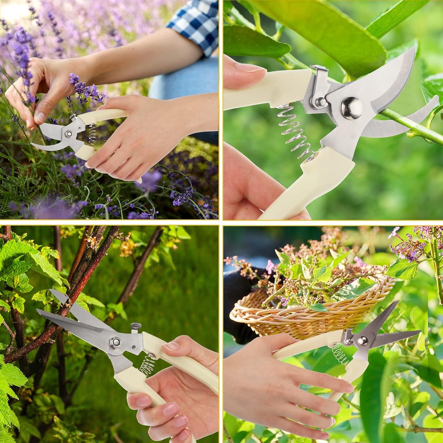 Therwen 12 Pcs Garden Shears Flower Scissors Pruning Shears Floral Garden Clippers Hand Pruners Branch Cutter Gardening Tools for Plants Cutting, Trimming, Fruits Picking (Beige,Bypass, Straight)