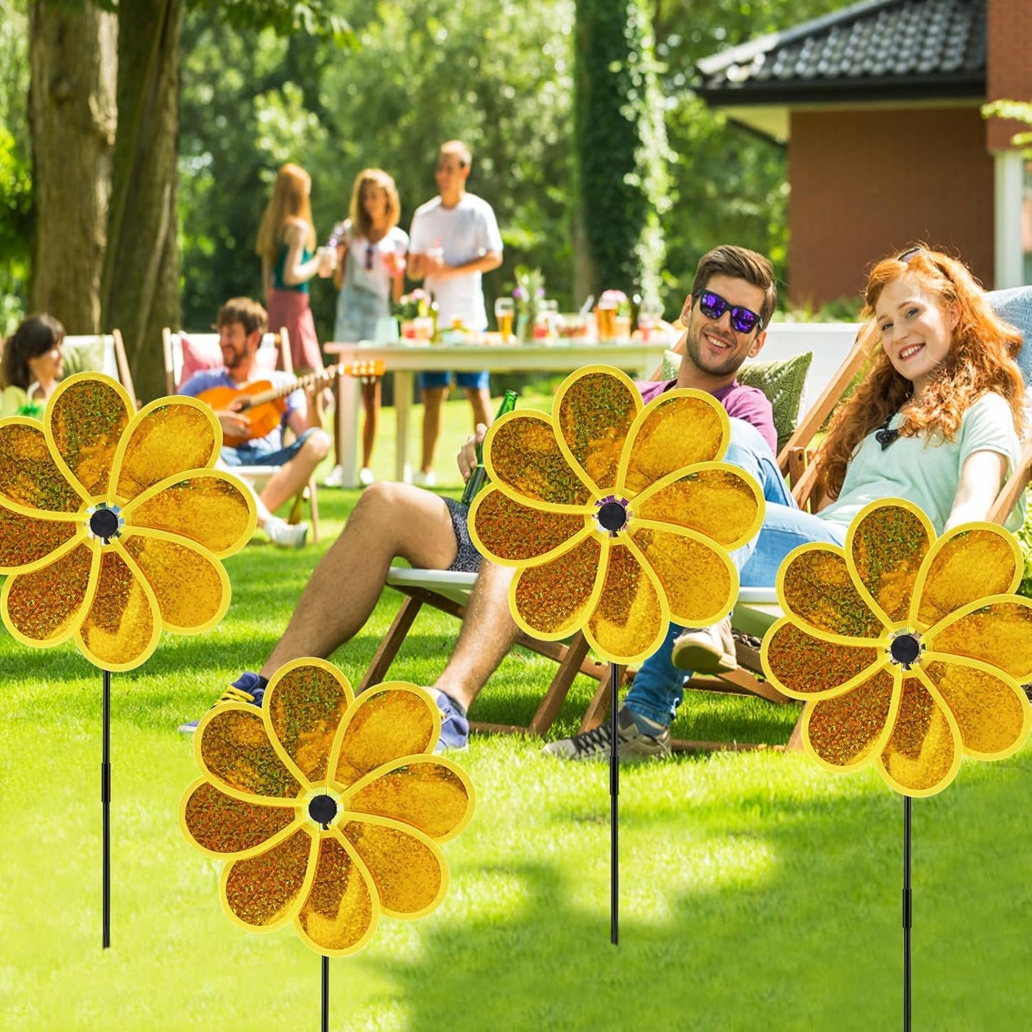 4PCS Flower Wind Spinner Sparkly Lawn Pinwheel 11.8 inch Yellow Garden Windmill for Garden, Party, Outdoor, Yard Decor