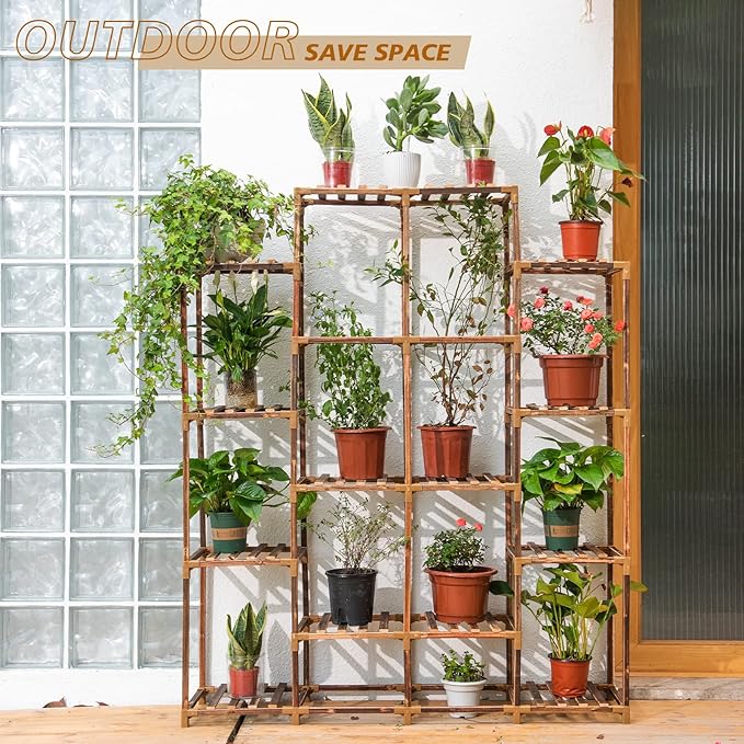 Uneedem Tall Shelf for Multiple Plants Indoor Outdoor 14 Tiers 16 Pot Holder Large Rack Wood Stand Shelves for Room Corner Balcony Garden Patio