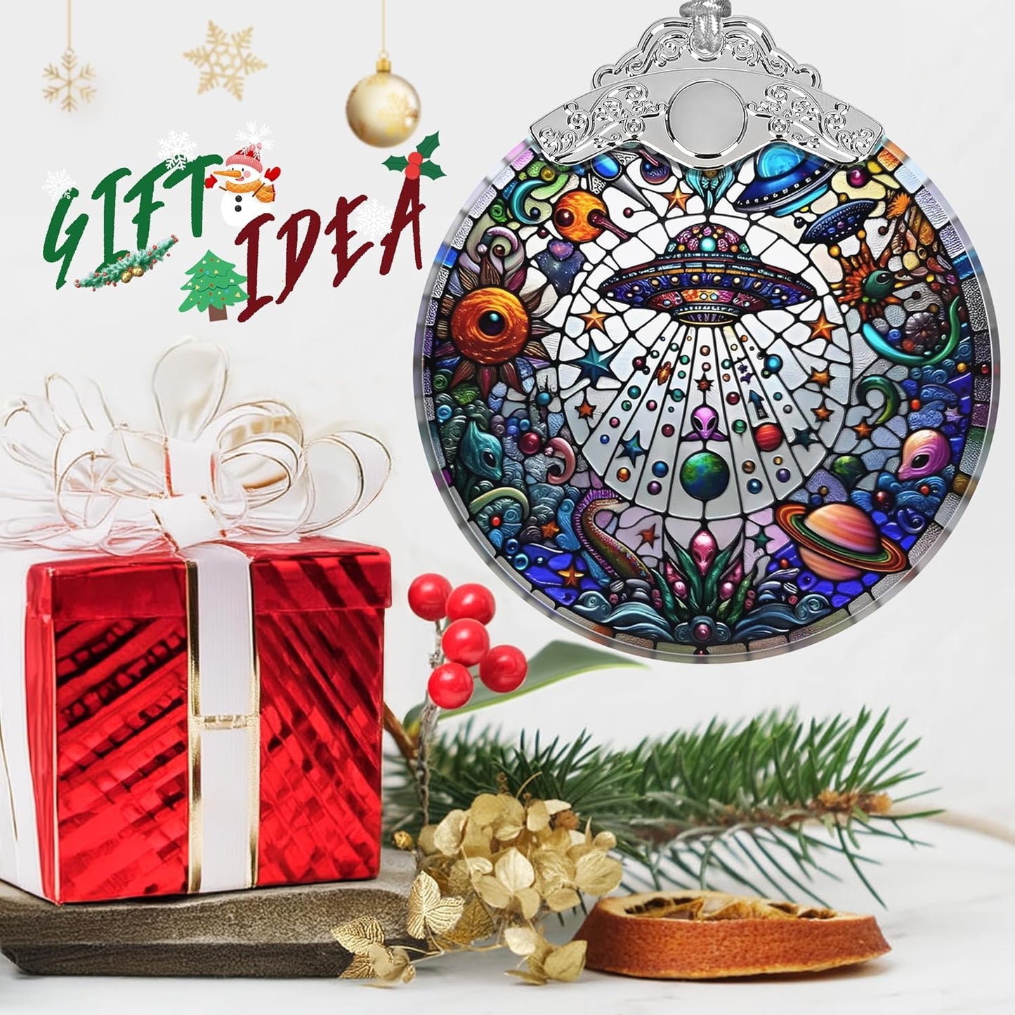 Stained Glass UFO and Alien Christmas Ornament - Holiday Home Decor - Tree Decoration - Gift Exchange Idea
