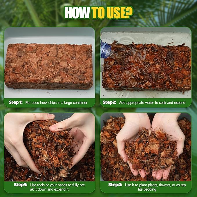 Coco Chips Substrate 4.4 LBS, Organic Coconut Husk Brick with Low EC and pH Balanced, Easy to Expand Coco Coir Mulch Medium for Garden Flowers & Reptile Bedding (4 Pcs)