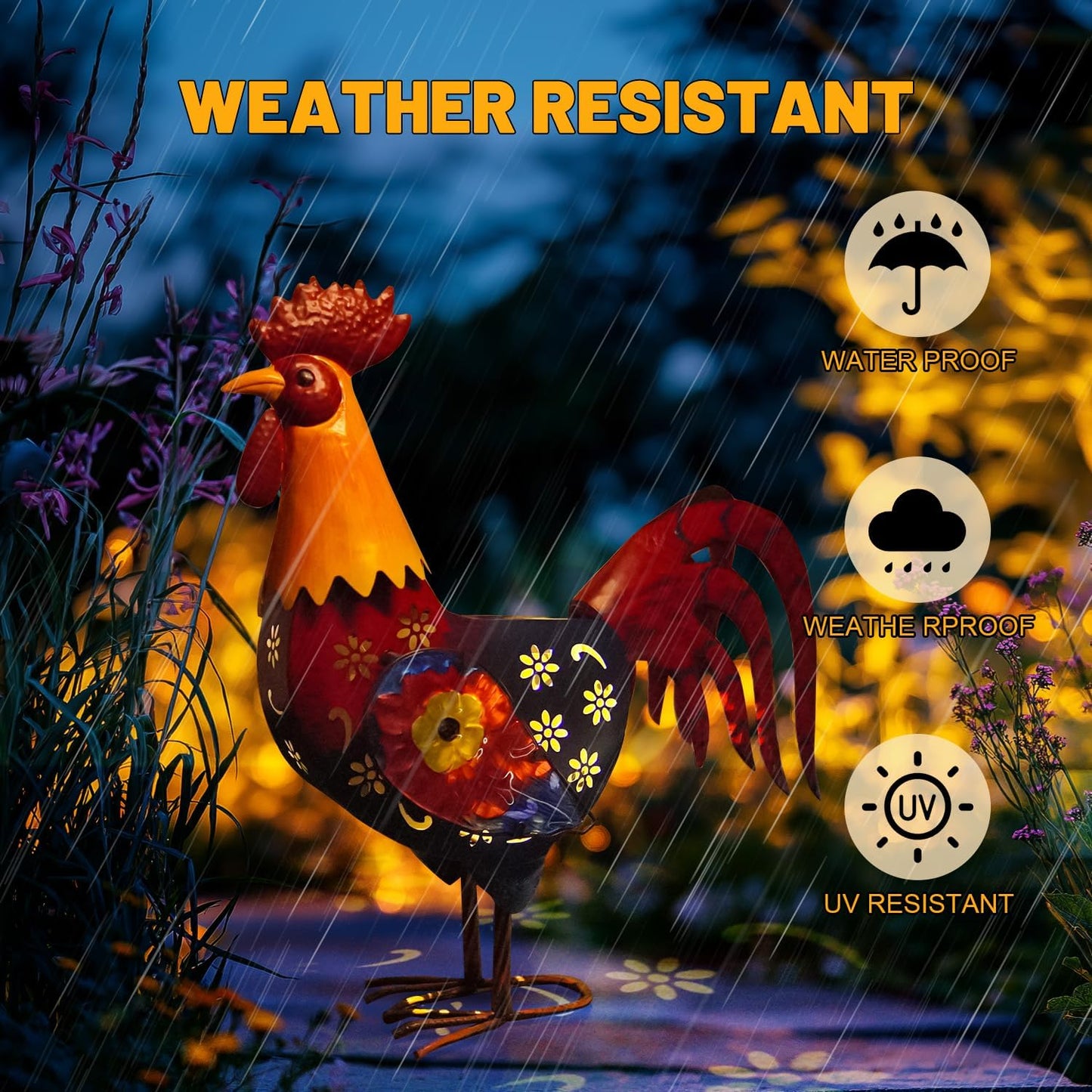LIFFY Metal Chicken Yard Art,18" Solar Rooster Garden Statues Outdoor,Farm Animal Lawn Decorations Outside,Unique Gift for Home Decor & Rooster Lovers