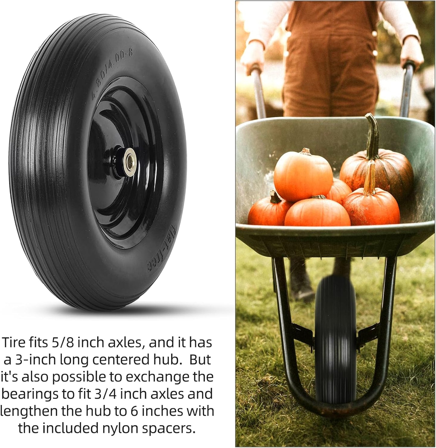 4.80/4.00-8" Flat Free Tire and Wheel - 16 Inch Solid Rubber Wheelbarrow Tires with 5/8" and 3/4" Ball Bearings, 3" Centered Hub (Extra Adapter kit includes Bearing, 1" and 1/2" Nylon Spacers)
