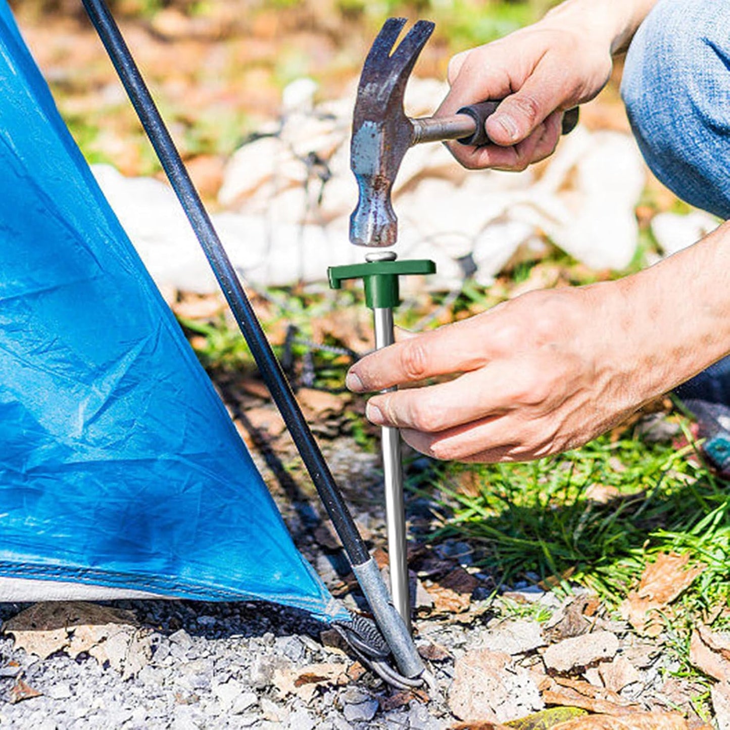 Eurmax USA Galvanized Non-Rust Camping Family Tent Pop Up Tent Stakes Canopy Anchors Heavy Duty 10pc-Pack, with 4x10ft Ropes & 1 Green Stopper