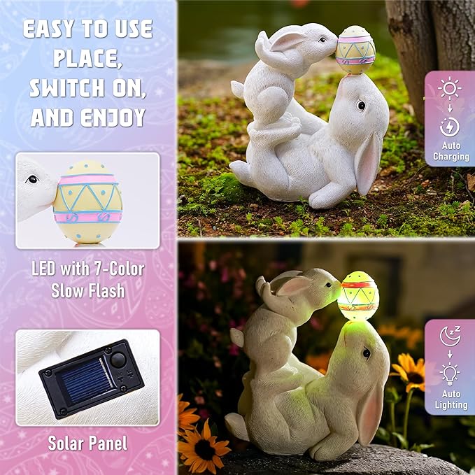Easter Bunny Decor Solar Garden Outdoor Statues with Easter Egg LED Lights β Garden Rabbit Statue Outdoor Yard decorations for Patio,Lawn,Ornaments β Unique Easter Gifts for Birthday,Women,Mom