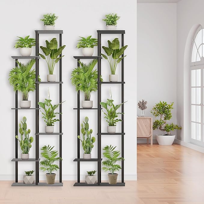 Plant Stand Indoor 7 Tier 8 Potted Metal Wood Plant Shelf, Multiple Flower Pots Corner Tall Plant Holder Stands for Living Room Balcony Bedroom, Black