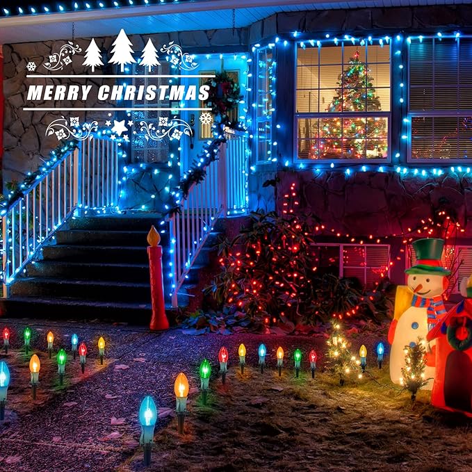 C9 Christmas Pathway String Lights - 2 Pack Total 51.4 Feet 40 LED Lights and 40 Stakes Extendable Waterproof for Outdoor Walkway Lights Driveway Christmas Decorations, Multicolored