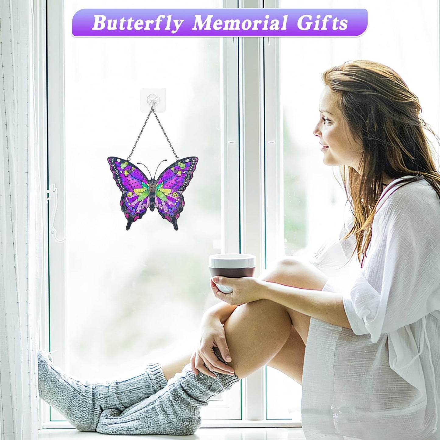 Purple Butterfly Suncatcher Stained Glass Window Hanging Butterfly Ornaments Gift for Mom, Women, Wife, Mother's Day