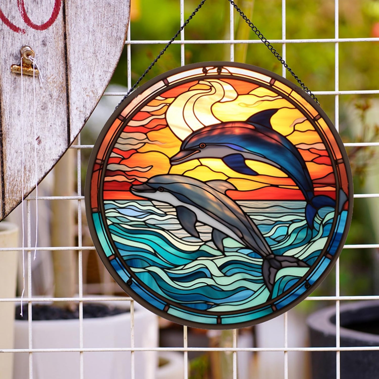 Jumping Dolphin Pattern Suncatcher Stained Glass,Hanging Stained Glass for Windows,20cm/7.87inch Sun Catcher Garden Hangings Ornaments Halloween Fall Christmas Decor for Home
